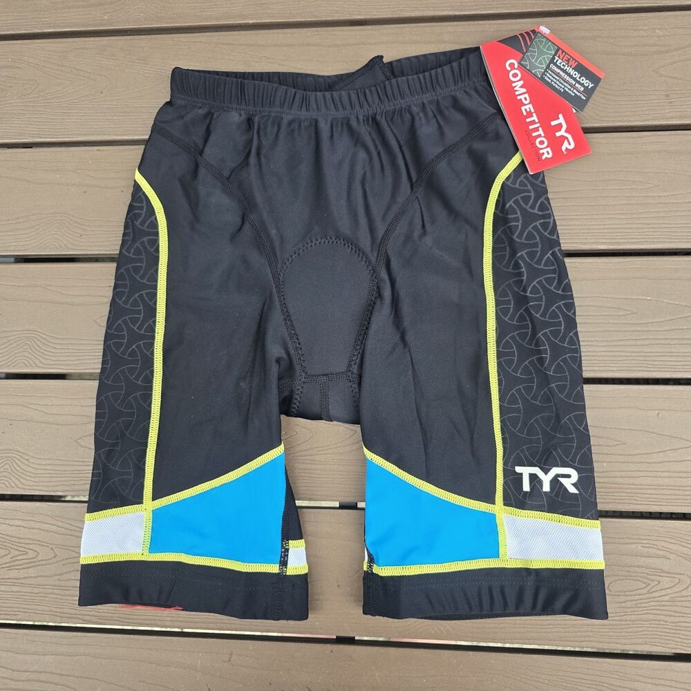 TYR Mens 9" Competitor Tri Triathlon Padded Shorts Black/Yellow Size: M New